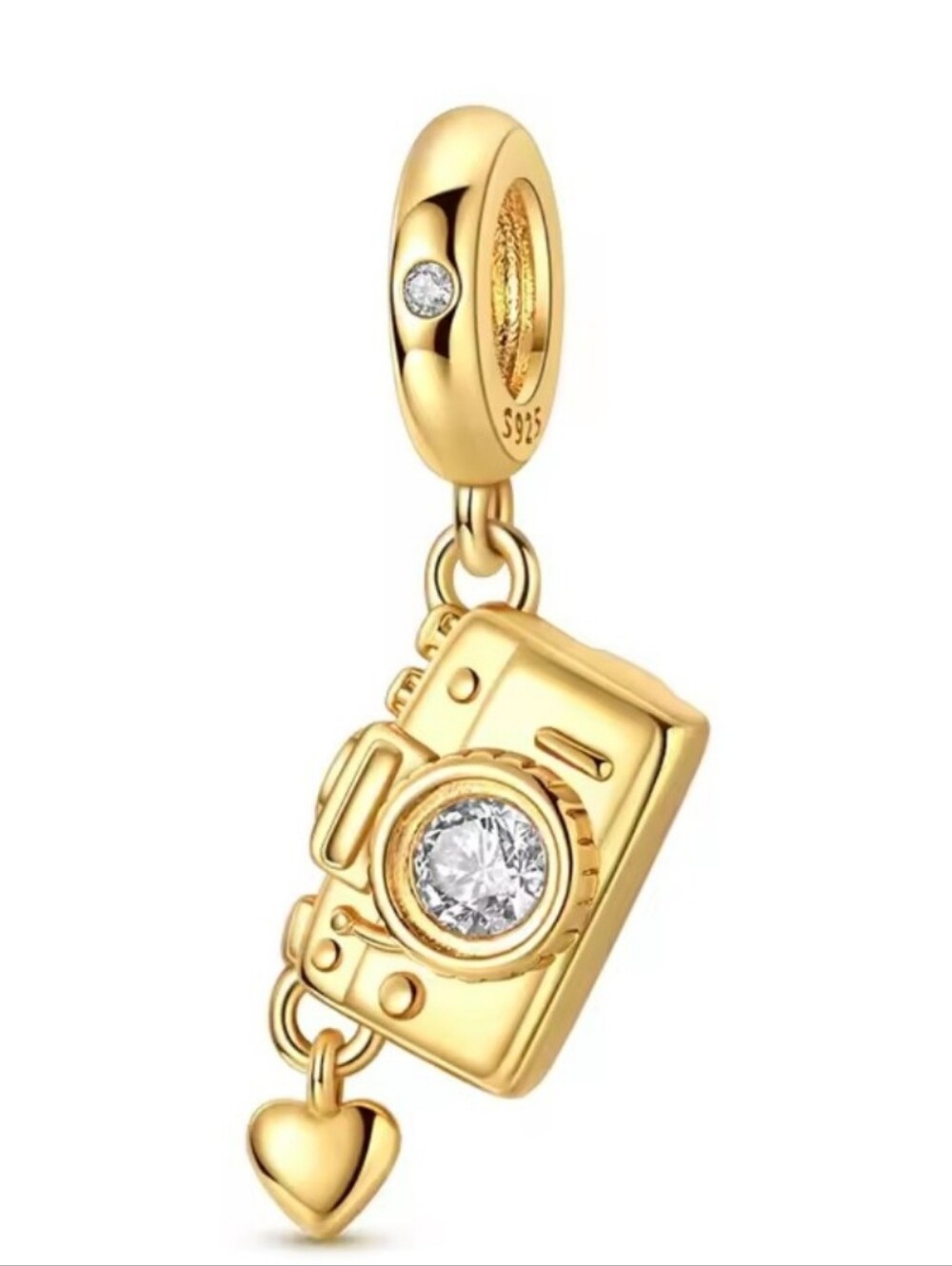 Gold Camera Charm Pendant with Heart Dangle - 925 Sterling Accent
